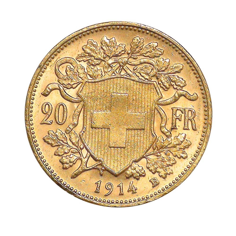20 Franc Gold Swiss Helvetia pre-1900 BU reverse