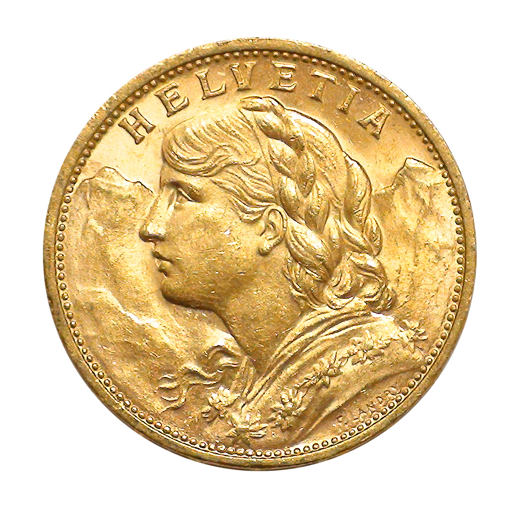 20 Franc Gold Swiss Helvetia pre-1900 BU obverse