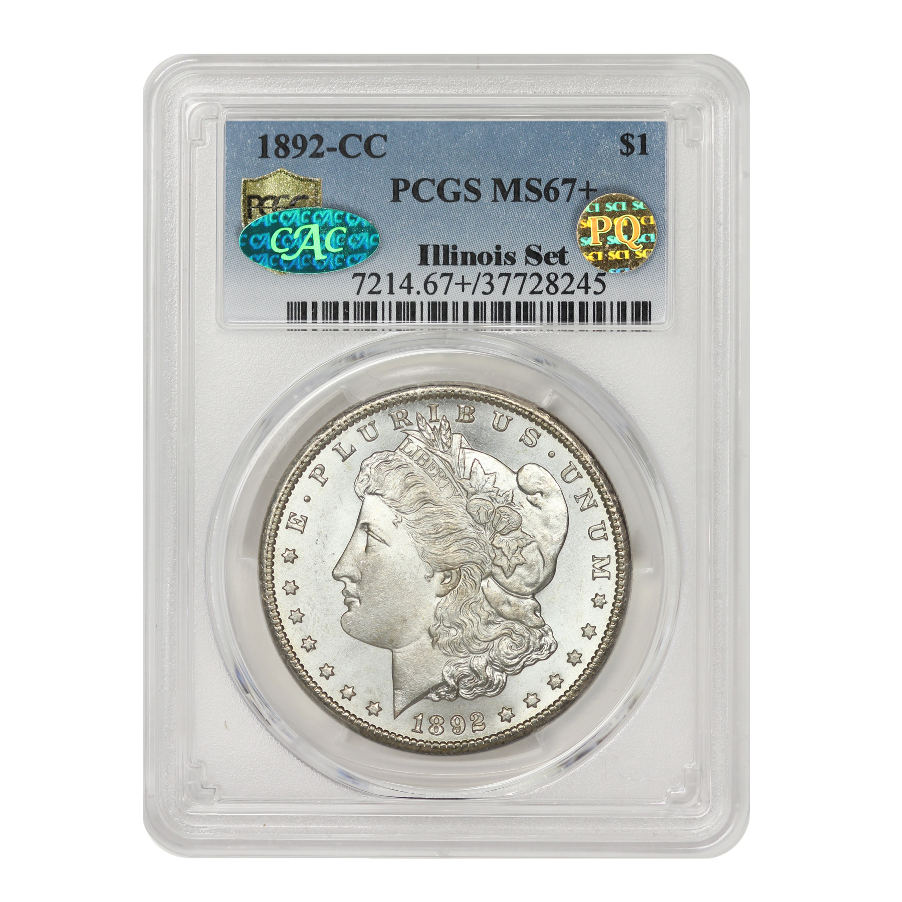 The finest known 1892-CC Morgan dollar, graded PCGS MS67+ CAC/PQ with none graded higher, is one of the highlights of the just-revealed, all-time finest Illinois Set Collection. (Photo courtesy of Mint State Gold by Stuppler and Company.)