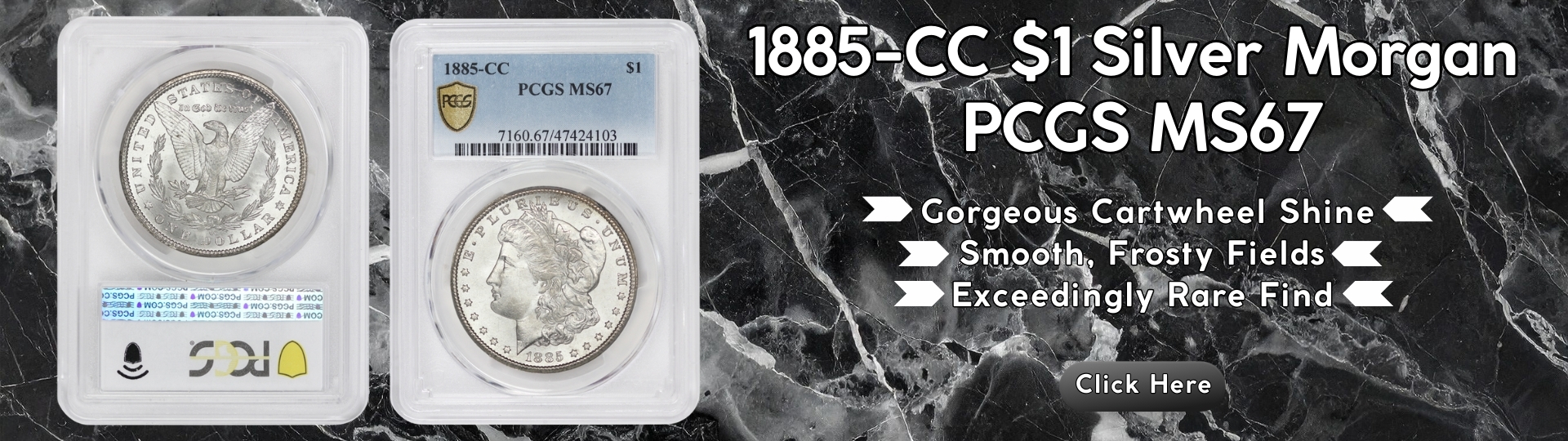 eighteen hundred eighty five cc one dollar silver morgan graded M S sixty seven by P C G S
