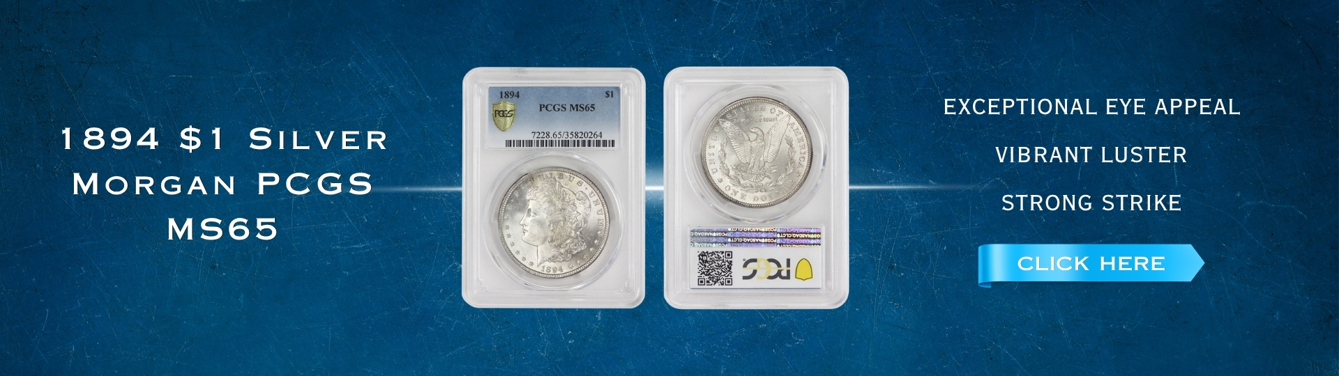eighteen hundred ninety four silver morgan dollar graded M S sixty five by P C G S