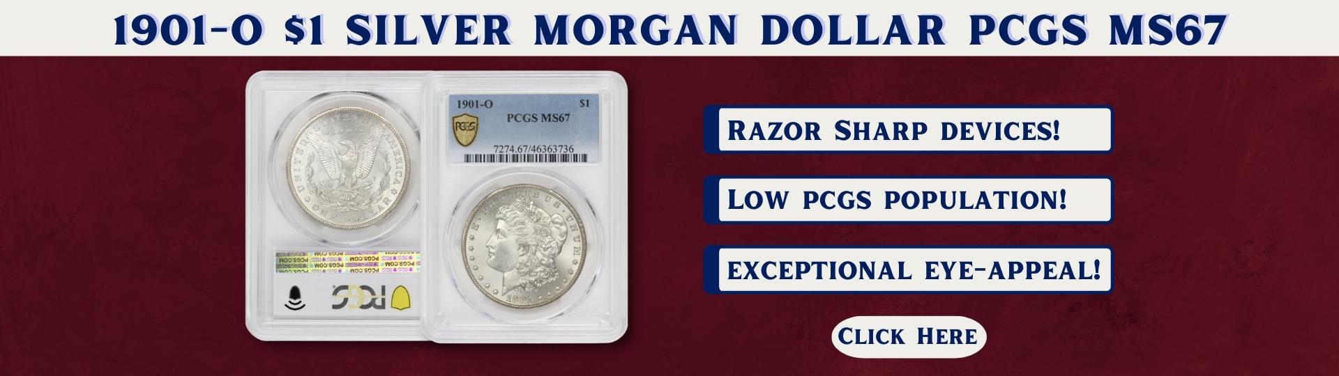 Nineteen hundred one New Orleans minted silver morgan dollar graded M S sixty seven by P C G S