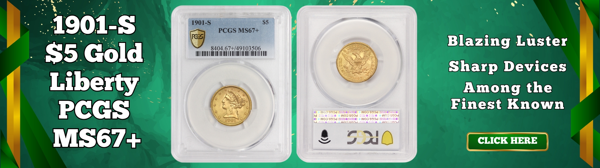 nineteen hundred one - s five dollar gold liberty quarter eagle graded M S sixty seven plus by P C G S