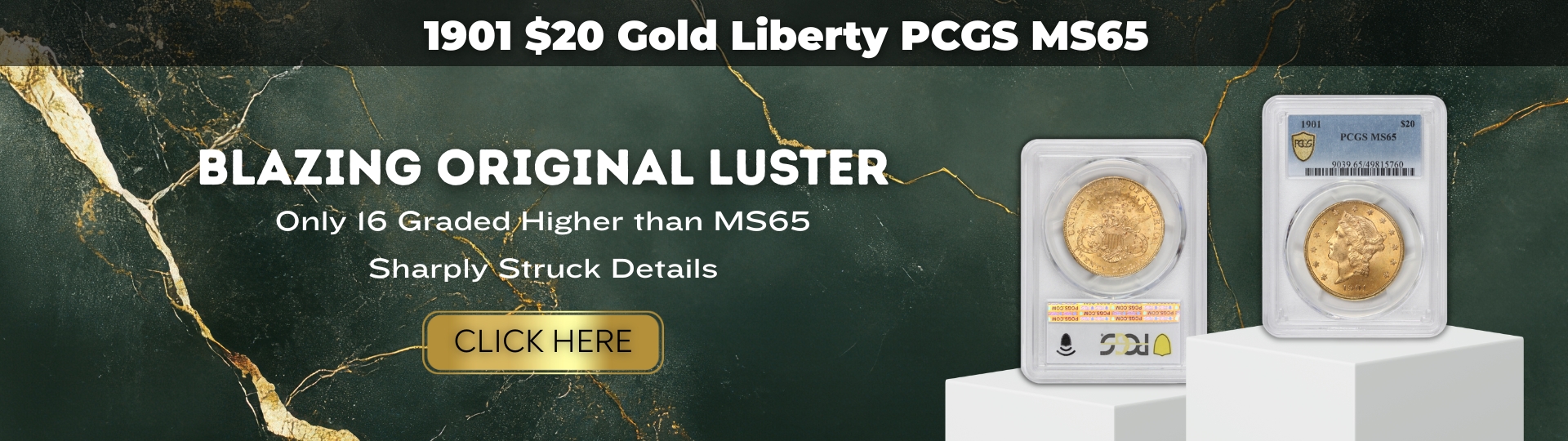 Nineteen Hundred One Twenty dollar gold liberty graded M S sixty five by PCGS