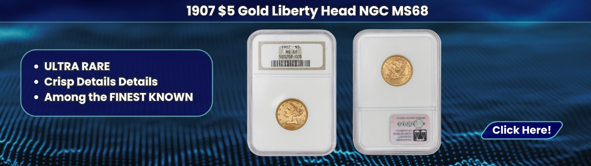 Nineteen Hundred Seven Five dollar Gold Liberty Head Half Eagle graded M S sixty eight by N G C