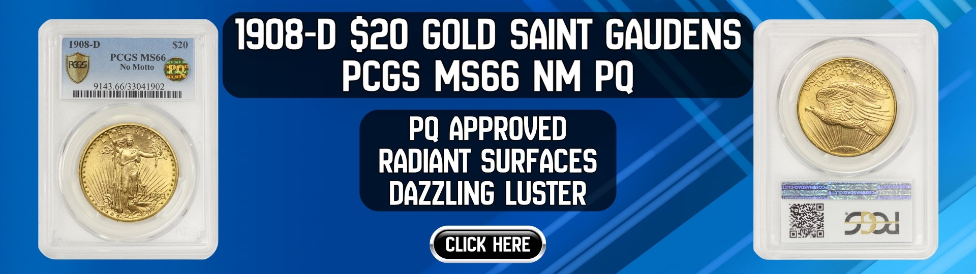 nineteen hundred eight - d saint gaudens double eagle no motto graded M S sixty six by P C G S P Q