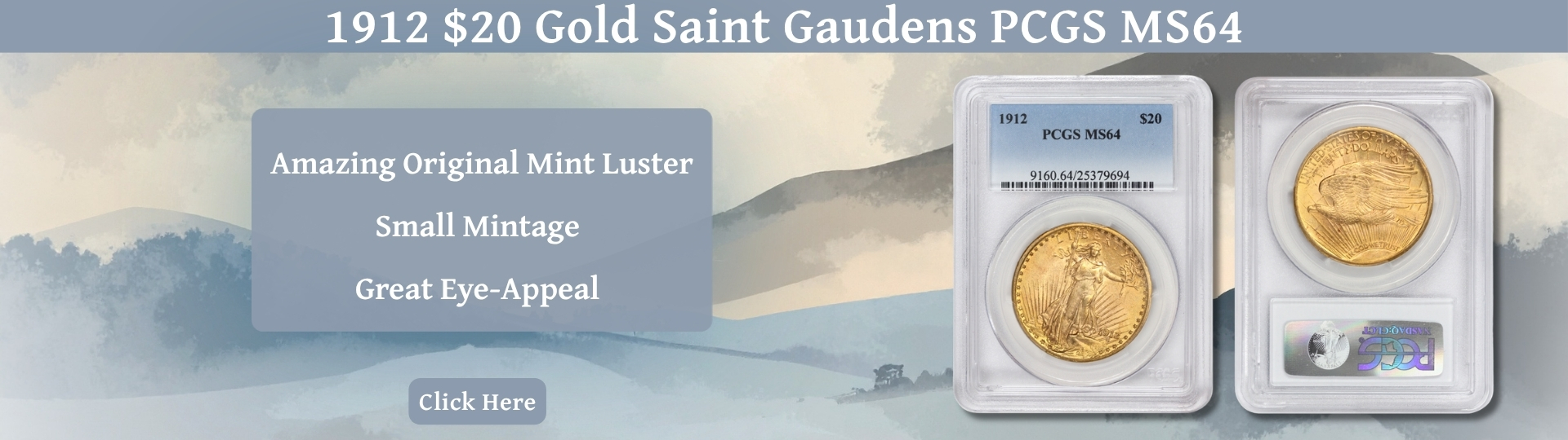 nineteen hundred twelve twenty dollars gold saint gaudens double eagle M S sixty four graded by P C G S