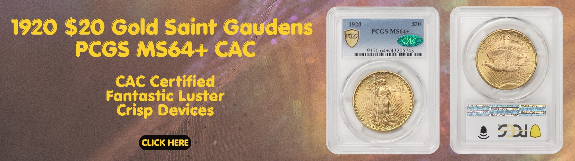 nineteen hundred twenty gold saint gaudens double eagle graded M S sixty four plus by PC G S C A C