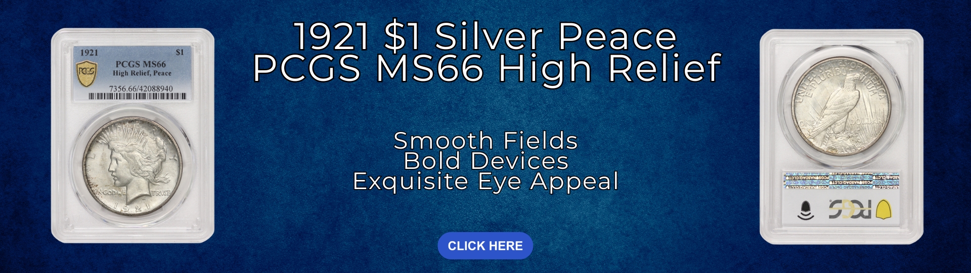 nineteen hundred twenty one silver peace dollar high relief graded M S sixty six by P C G S