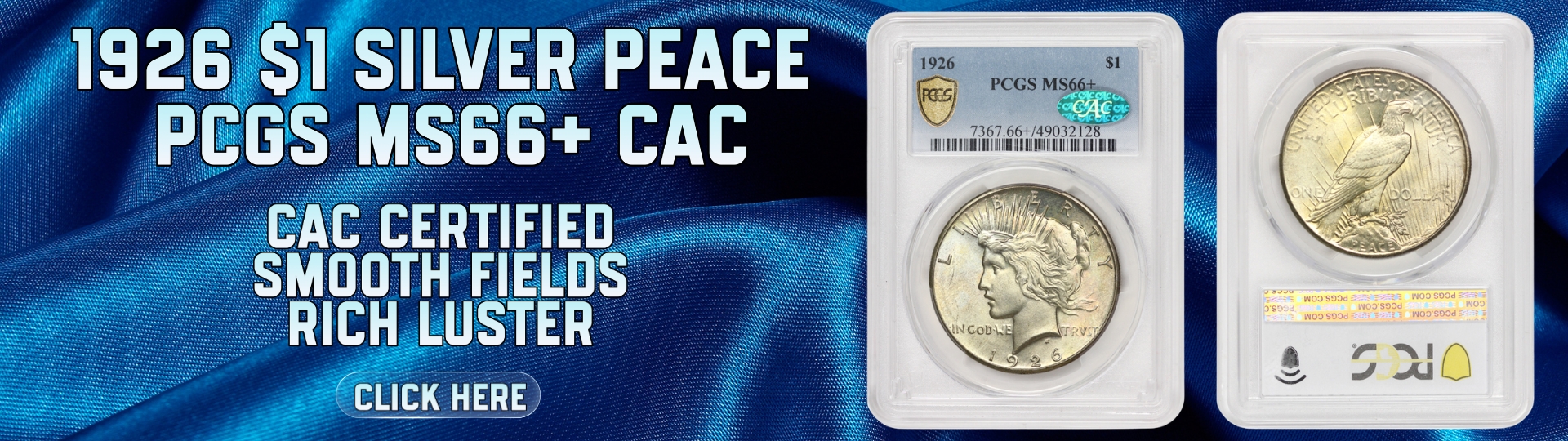 nineteen hundred twenty six silver peace dollar graded M S sixty six plus by P C G S C A C