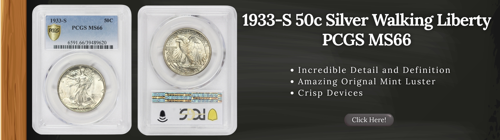nineteen hundred thirty three - s half dollar silver walking liberty graded M S sixty six by P C G S