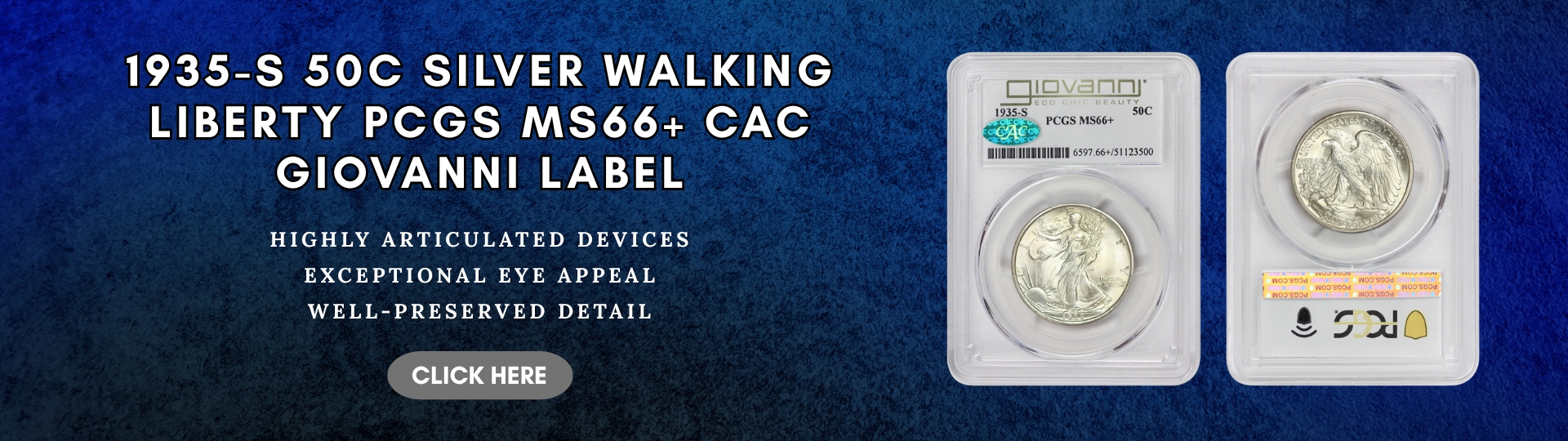 nineteen hundred thirty five - s silver walking liberty half dollar graded M S sixty six plus by P C G S C A C giovanni label