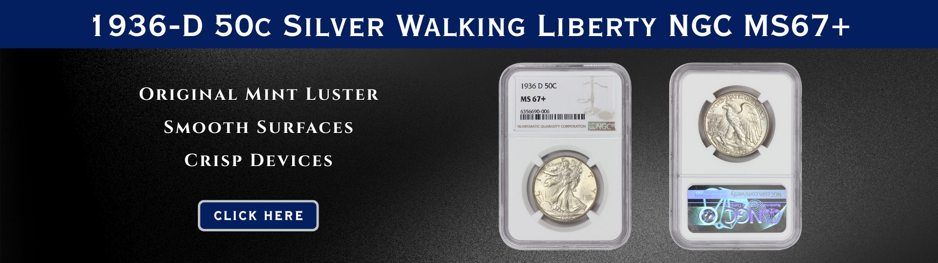 nineteen thirty six - d silver walking liberty half dollar graded M S sixty seven plus by N G C
