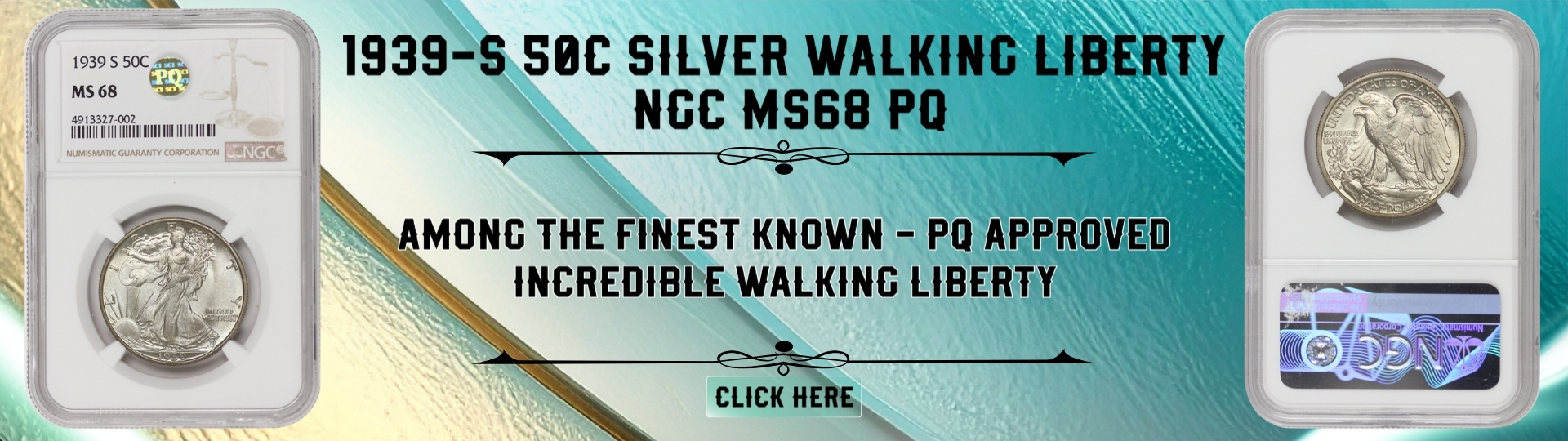 nineteen hundred thirty nine - s silver walking liberty half dollar graded M S sixty eight by P C G S P Q 