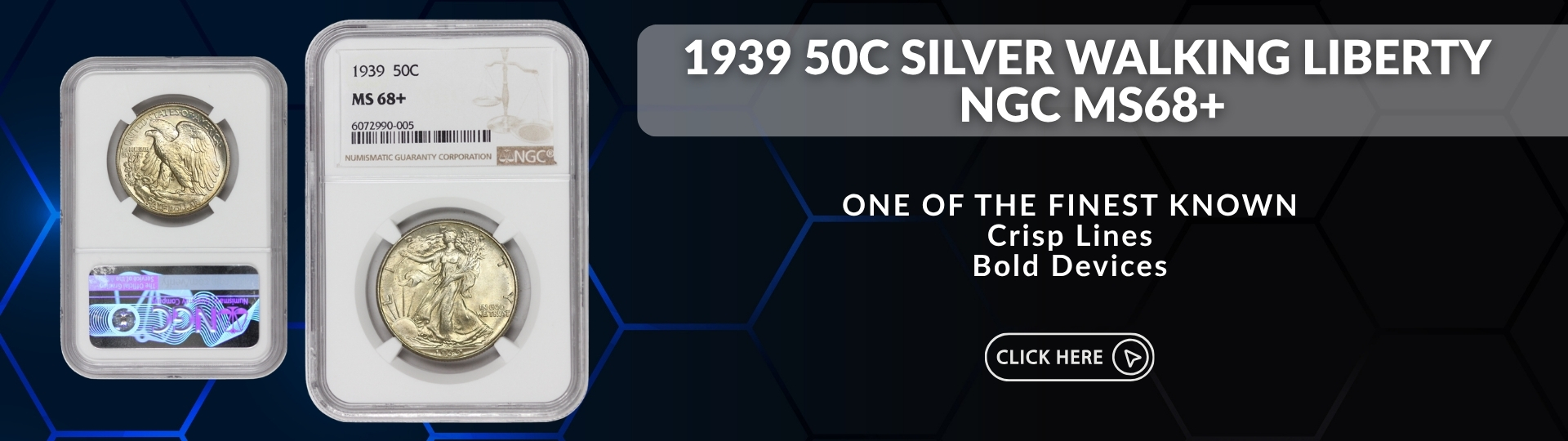 nineteen hundred thirty nine silver walking liberty half dollar graded M S sixty eight plus by N G C