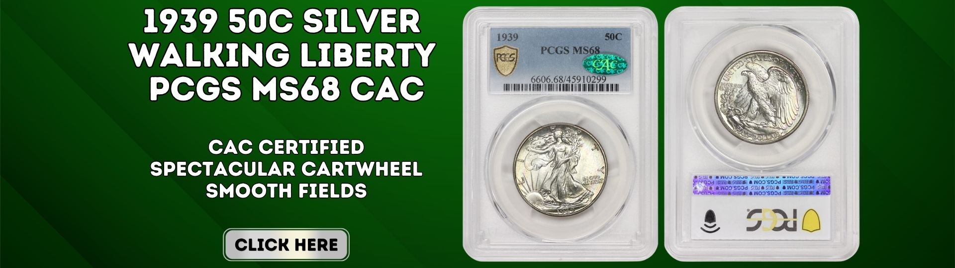 nineteen hundred thirty nine silver walking liberty half dollar graded M S sixty eight by P C G S