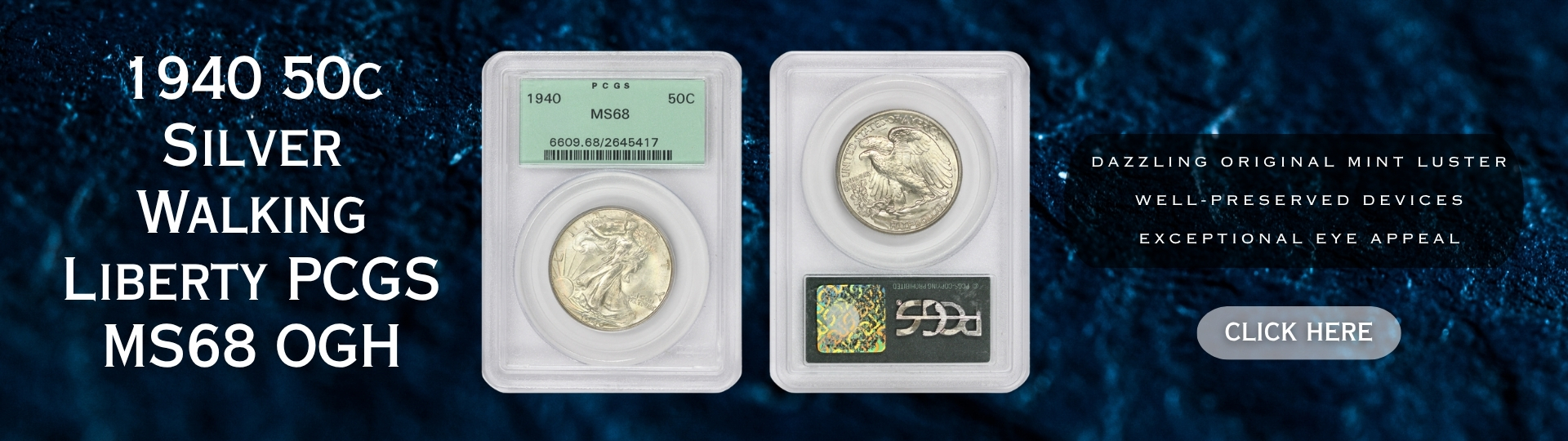 nineteen hundred forty silver walking liberty half dollar graded M S sixty eight by P C G S O G H