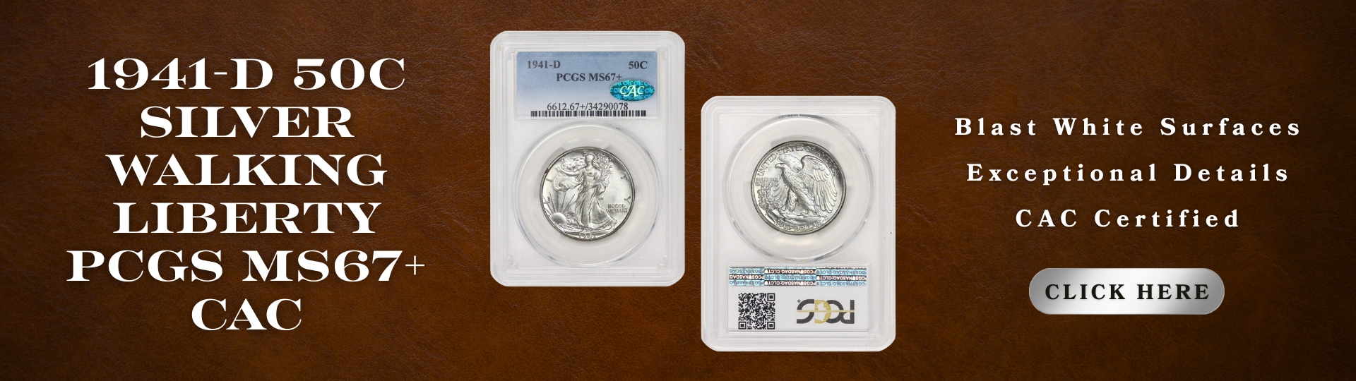 nineteen hundred fourty one - d silver walking liberty half dollar graded M S sixty seven plus by P C G S C A C