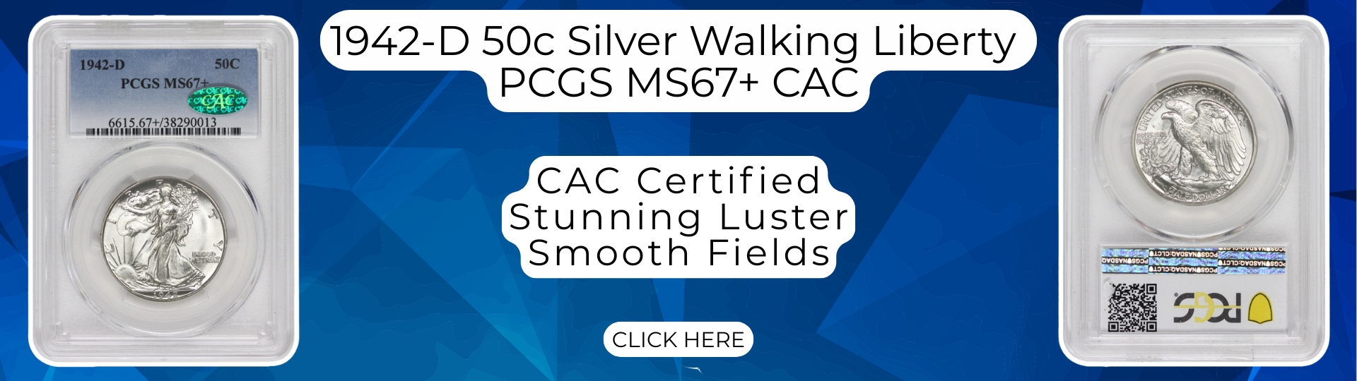 nineteen hundred fourty two - d silver walking liberty half dollar graded M S sixty seven plus by P C G S C A C
