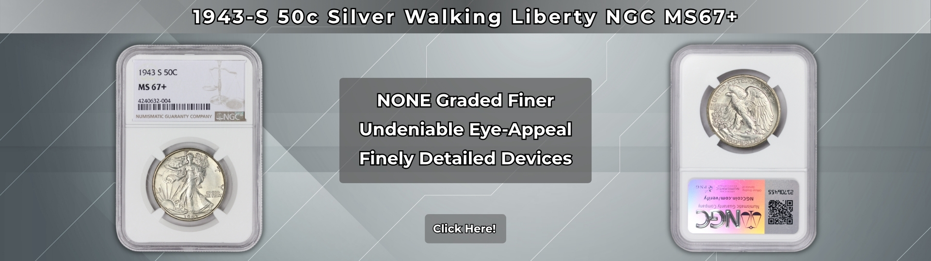 Nineteen Forty Three S fifty cent Silver Walking Liberty Half Dollar graded M S Sixty Seven plus by P C G S