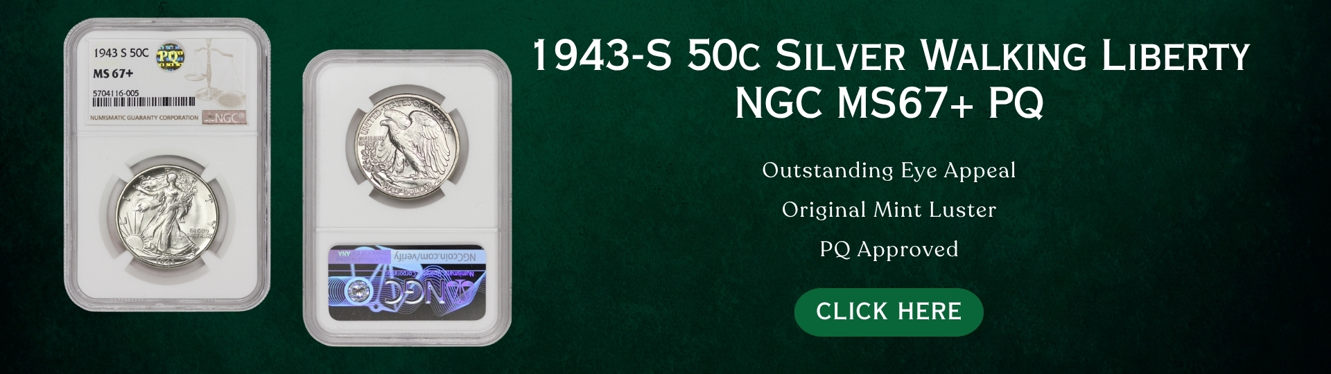 nineteen hundred forty three - s silver walking liberty half dollar graded M S sixty seven plus by N G C P Q