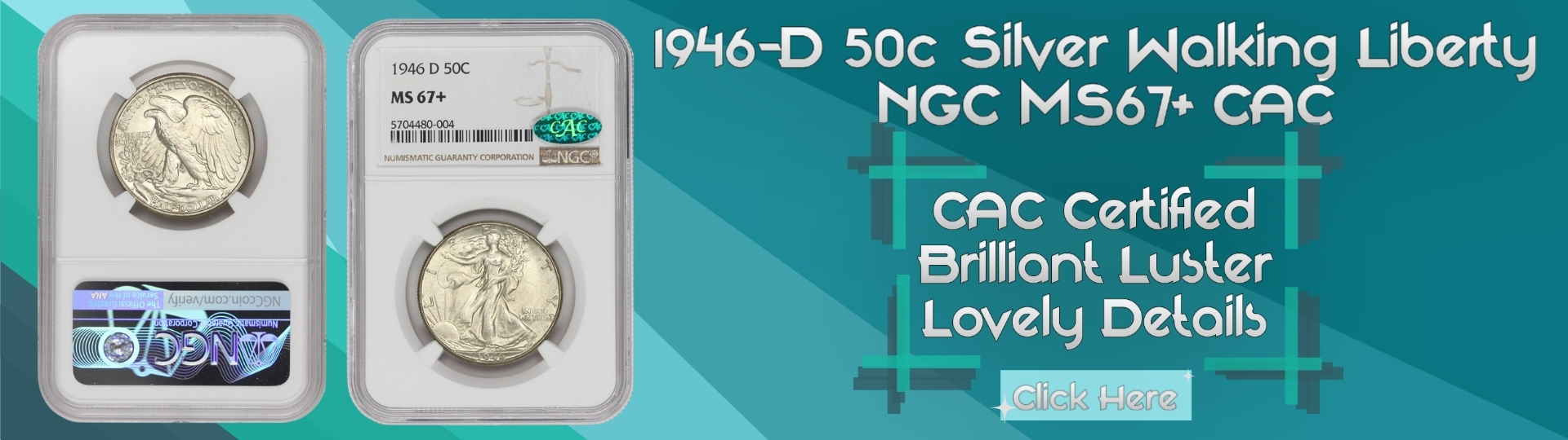 nineteen hundred forty fix - d silver walking liberty half dollar graded M S sixty seven plus by N G C C A C