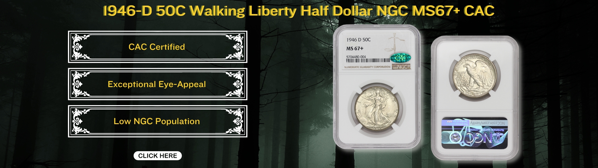 Nineteen forty six fifty cents silver walking liberty half dollar graded M S sixty seven plus by N G C and is CAC certified