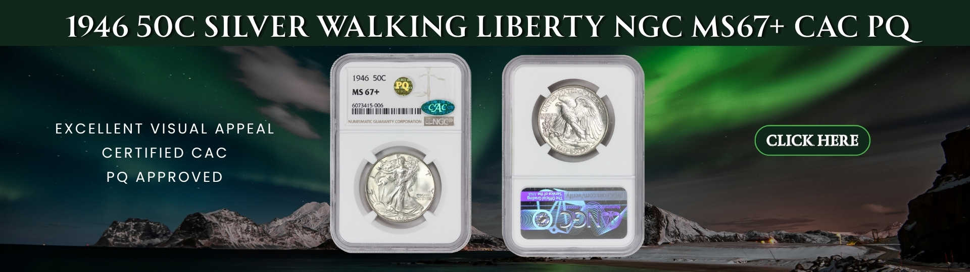 nineteen hundred forty six silver walking liberty half dollar graded M S sixty seven plus by N G C P Q C A C