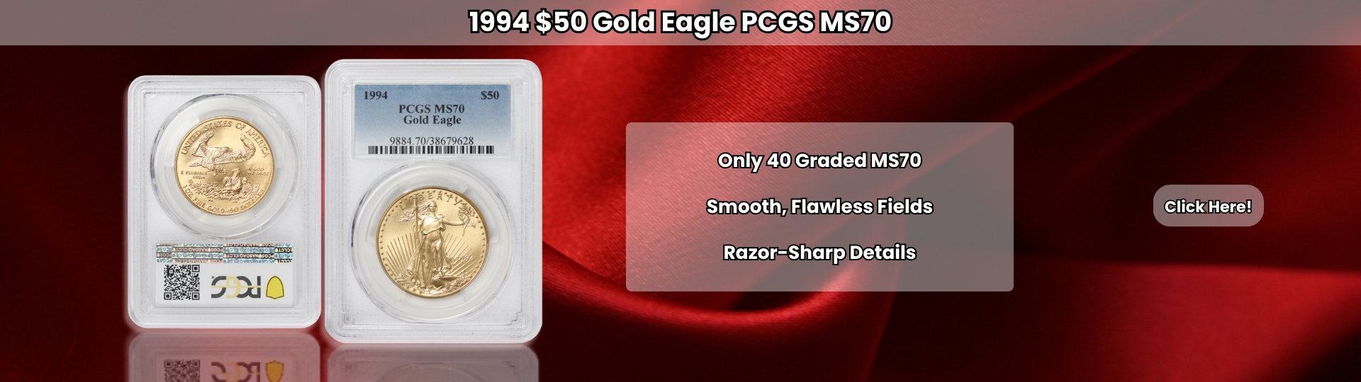 Nineteen Ninety Four fifty dollar gold eagle graded M S seventy by P C G S