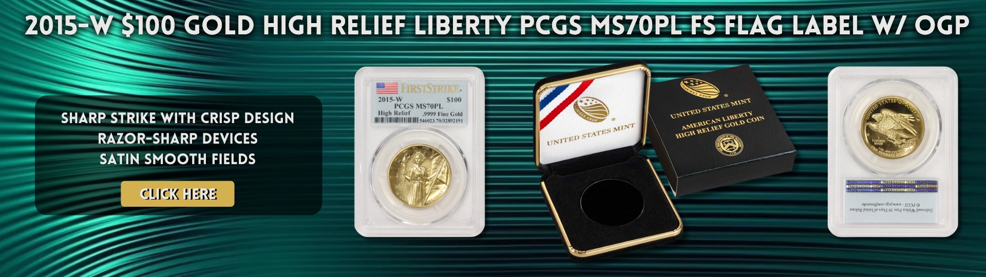 two thousand fifteen one hundred dollars gold high relief liberty graded M S seventy proof like by P C G S flag label with O G P
