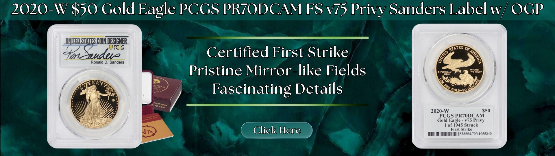 Two Thousand Twenty - W Gold Eagle graded P R 70 Deep Cameo First Strike v seventy five Sanders label with O G P by P C G S