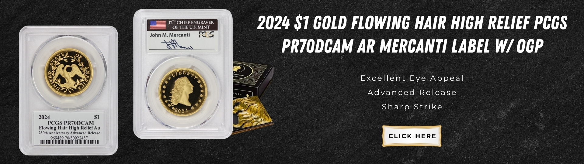 twenty twenty four gold flowing hair high relief dollar graded P R seventy deep cameo by P C G S advance release mercanti label