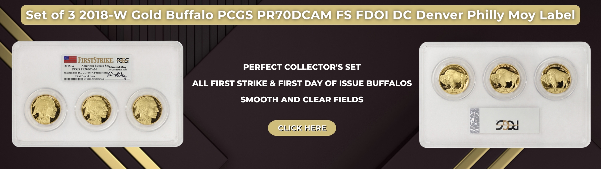 set of three two thousand eighteen - w gold buffalo graded P R seventy deep cameo first strike first day of issue graded by PCGS dc denver philly moy label