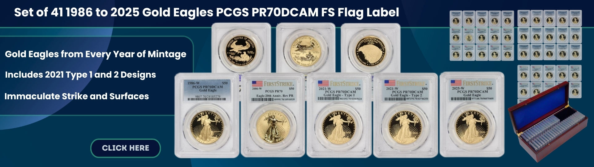Set of Forty One Nineteen Eighty Six to Twothousand twenty five Gold Eagle PCGS P R Seventy D C A M First Strike Flag Label