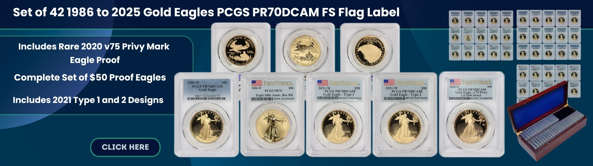Set of Forty two Nineteen Eighty Six to Twothousand twenty five Gold Eagle PCGS P R Seventy D C A M First Strike Flag Label