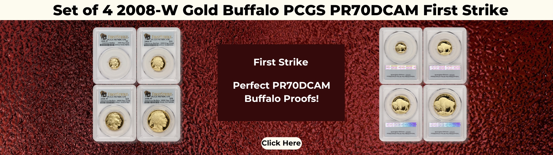Set of 4 two thousand and eight west point minted gold buffalo proofs graded P R seventy deep cameo by P C G S and certified first strike