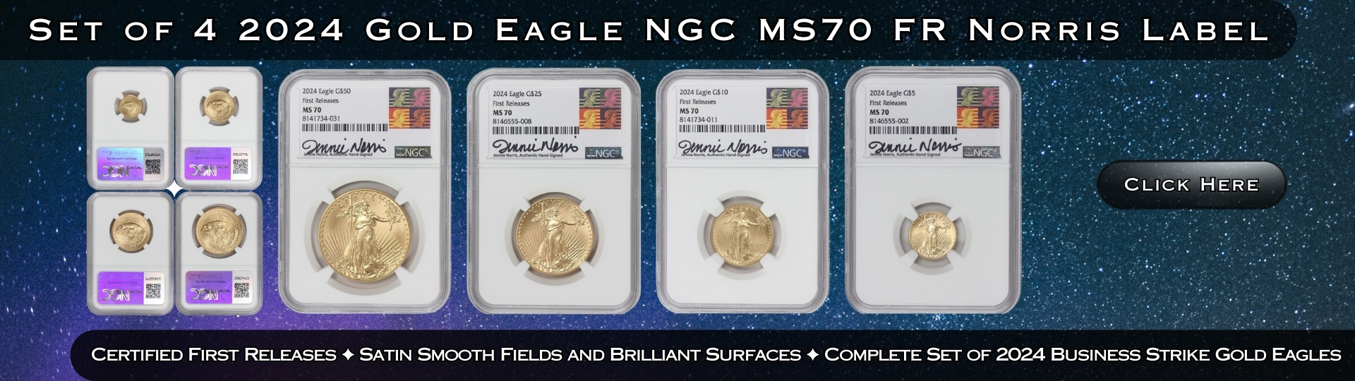set of four twenty twenty four gold eagles graded M S seventy by N G C First releases Norris Label