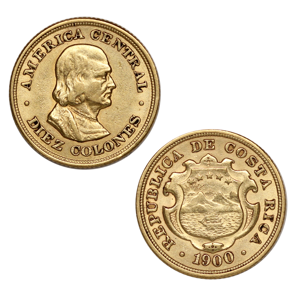 Costa Rica 1900 Gold 10 Colones Christopher Columbus AU