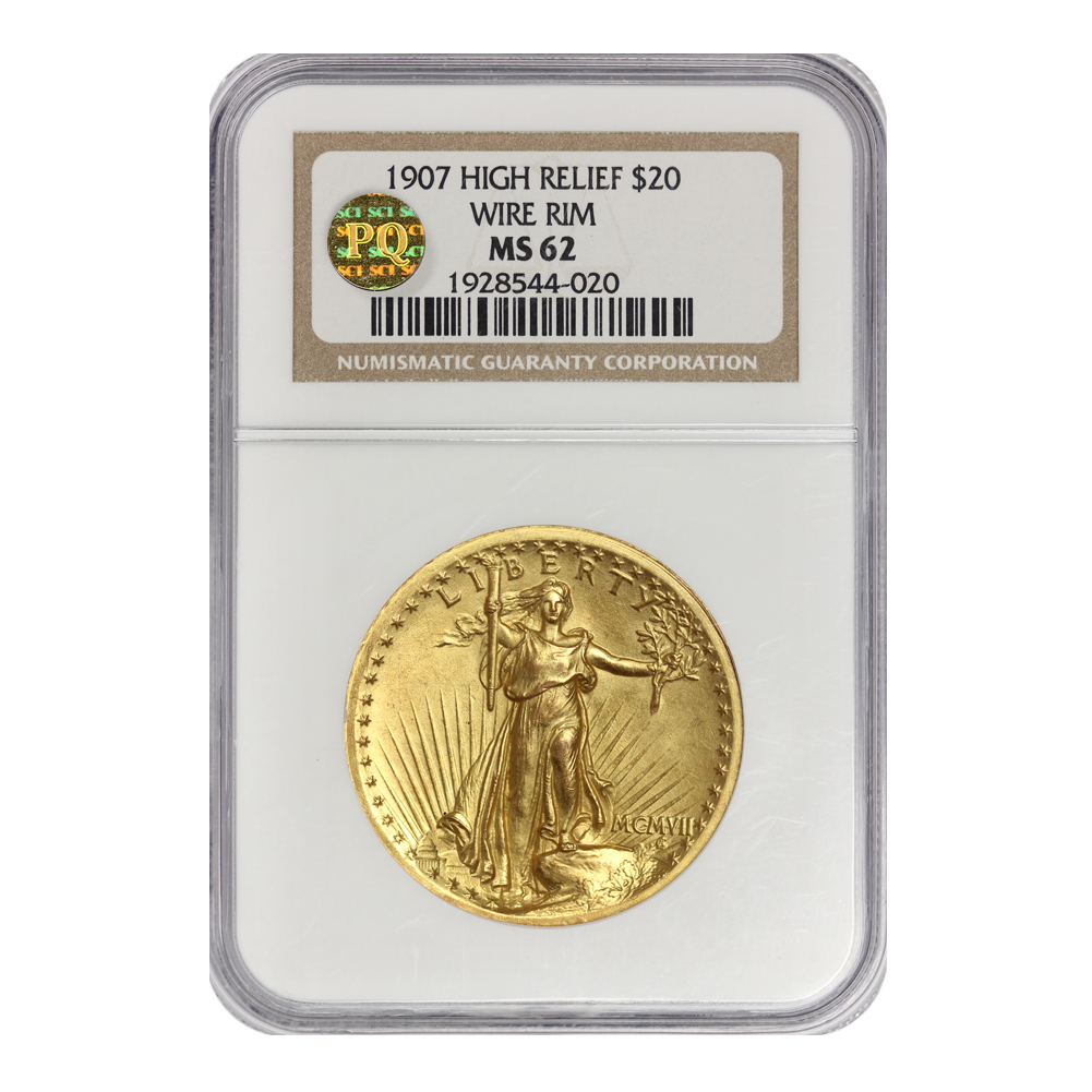 1907 $20 Saint Gaudens NGC MS62 High Relief Wire Rim PQ