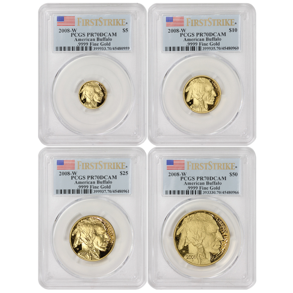 Set of 4 2008-W Gold Buffalo PCGS PR70DCAM FS Flag Label