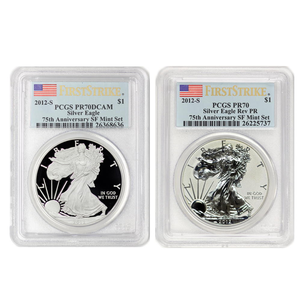 Set of 2 2012-S $1 Silver Eagles PCGS PR70 & PR70DCAM FS 75th Anniv.