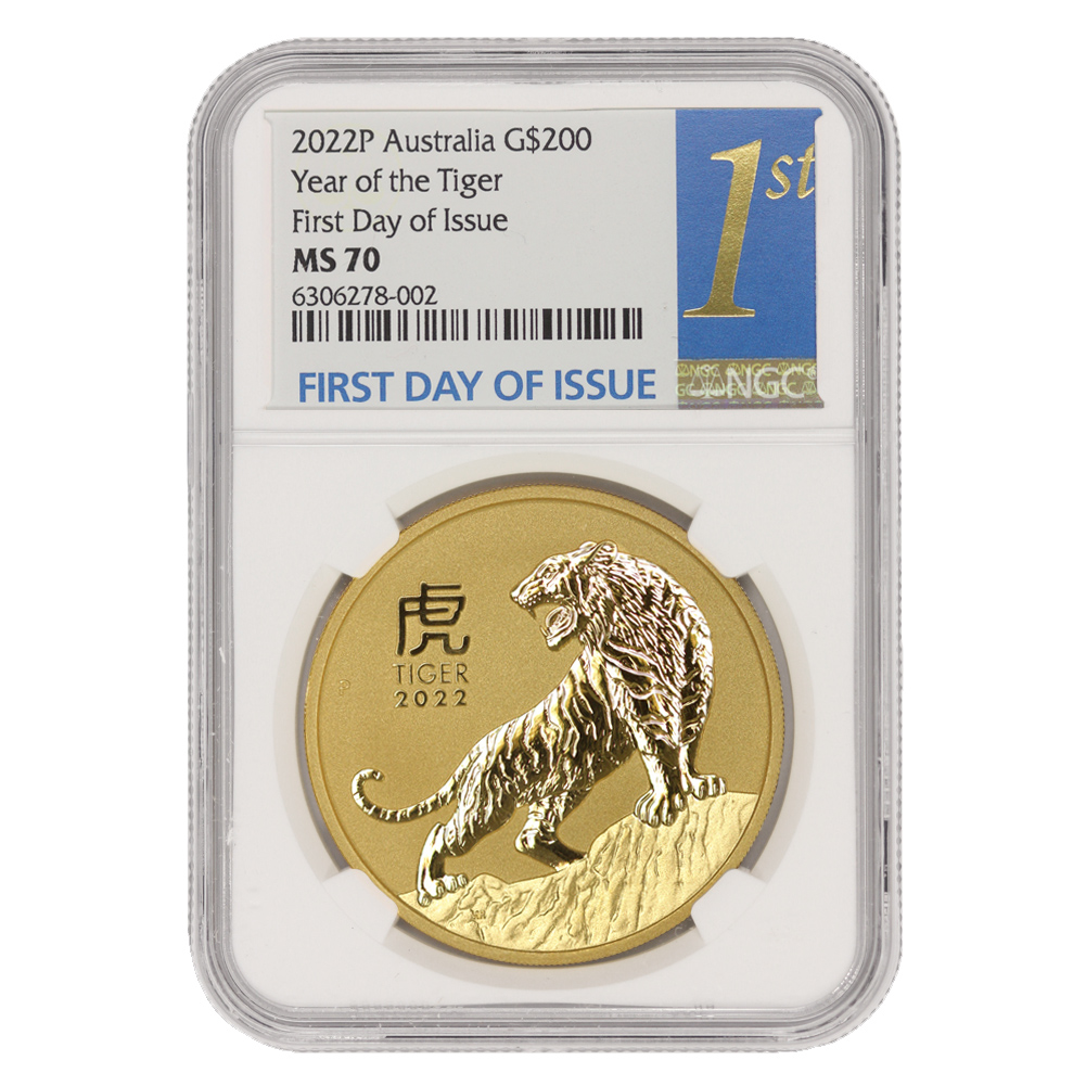 Australia 2022 2oz Gold Year of the Tiger MS70 NGC FDOI Blue Label