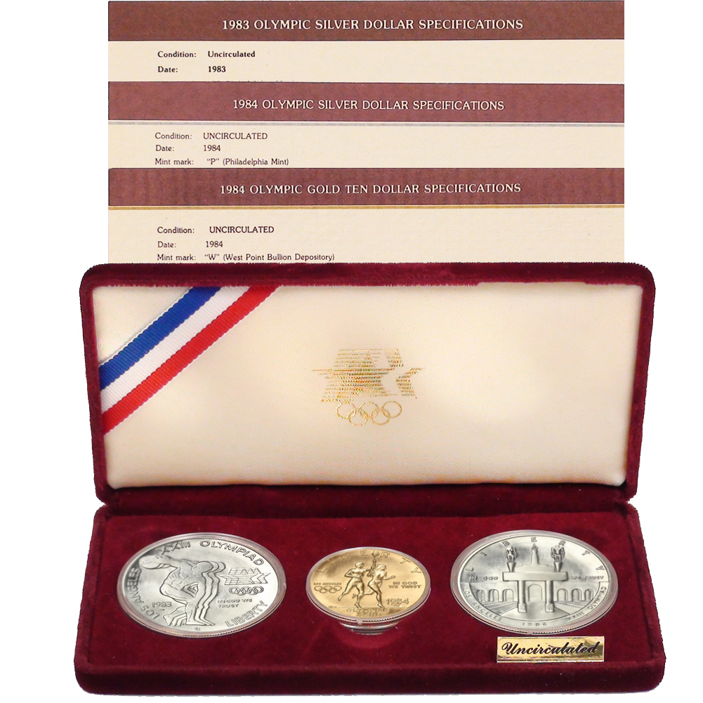 US 1983-1984 Olympic Gold & Silver Commemorative 3 Coin Set BU w/ OGP