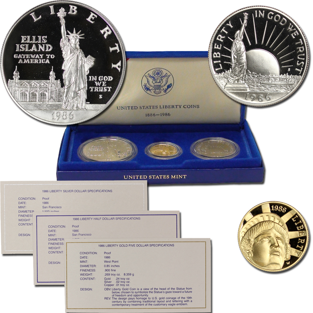 Set of 3 1986-W Gold and Silver Statue of Liberty Commemorative Proof