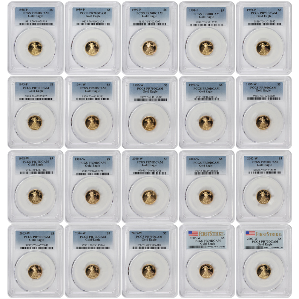 Set of 38 1988 to 2025 $5 Gold Eagle PCGS PR70DCAM FS Flag Label