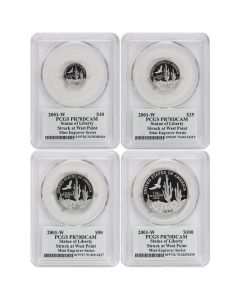Set of 4 2001-W Platinum Eagles PCGS PR70DCAM Struck at West Point Mercanti Label