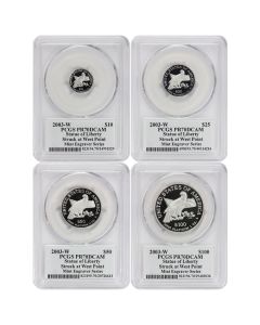 Set of 4 2003-W Platinum Eagles PCGS PR70DCAM Struck at West Point Mercanti Label