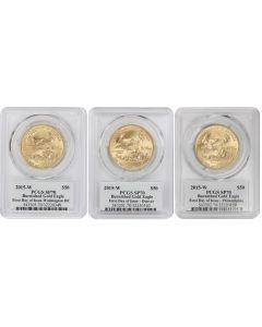 Set of 3 2015-W $50 Gold Eagle PCGS SP70 FDOI D.C. Denver Philly Moy Label