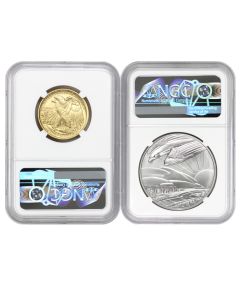 Set of 2 1916 (2026) 50c Gold Walking Liberty and Silver Medal NGC SP70 FDOI 250th Label w/ OGP