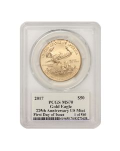 2017 $50 Gold Eagle PCGS MS70 FDOI Moy Label Obverse
